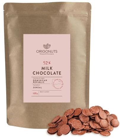 ORIGONUTS, Schokodrops, Vollmilchschokolade zum Schmelzen - Leicht zu Dosieren und Aufzulösen - Basis für Kuchen, Cremes, Desserts, Eiscreme, Dubai-Schokolade - Dominikana 52%, 500g
