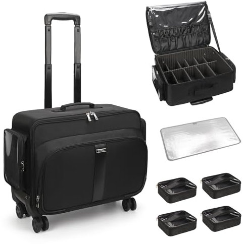 Large Rolling Makeup Case，Professional Makeup Artist Bag with 4 Small Bag Makeup Case, Adjustable Dividers, Portable Travel Supply Station for Cosmetics Storage Organizer Trolley Suitcase Makeup Cart