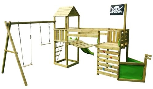 Kangui - Aire de jeux pirate en bois avec vigie WILLI - Balançoire, trapèze, toboggan, mur d'escalade, cabane sur plateforme, pont suspendu