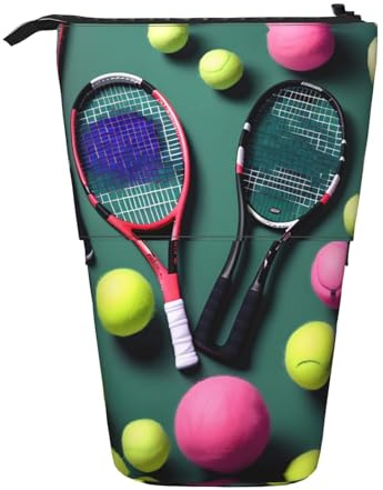 FKGKDF Lustige Tennisschläger und Tennisbälle, Stehstifttasche, Teleskop-Bleistifttasche, tragbar für Büro