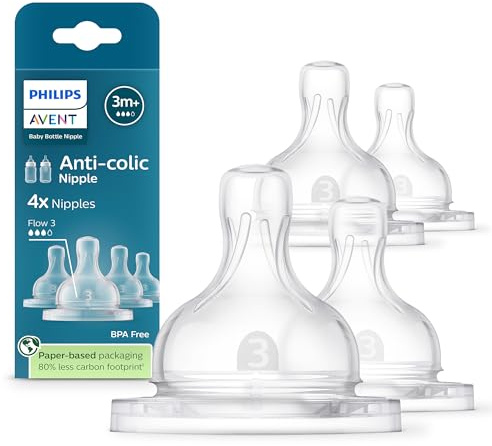 Philips Avent Anti-Colic Nipples - Flow 3, 4-Pack, SCY763/44 | For Ages 3 Month+, Reduces Colic and Gas with Anti-Colic Valve, Secure Latch, Ribbed Collapse-Free Design, SCY763/44