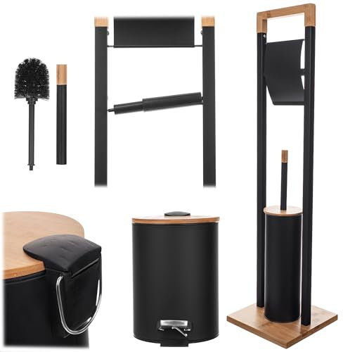 KADAX Toilettenpapierhalter mit integrierter WC-Bürste und Kosmetikeimer, Klopapierhalter Stehend mit Toilettenbürste, Toilettenpapierständer (Schwarz)