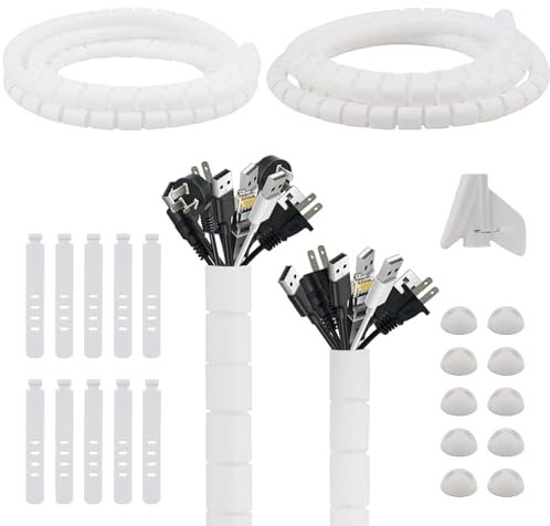 AWBEOT 2 * 3 M Avvolgicavo a spirale, Flessibile Raccogli Cavi, Raccoglicavi Spiralato, Guaina Cavi di Diametro di 22mm / 28mm, Copricavo Spirale,con Guidafilo,per Mettere in Ordine Cavo PC,TV,Bianco