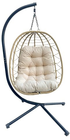 YOEVU - Silla Colgante con Soporte y Cojín Acolchado – Tipo Columpio Estilo Boho, Estructura Reforzada, Resistente al Agua, para Jardín, Terraza, Balcón o Interior, Confort y Diseño (Natural)