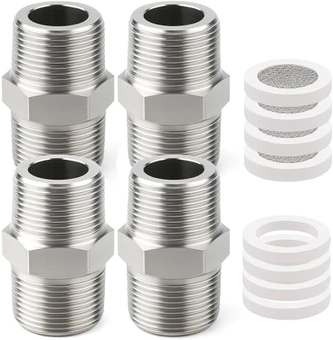 Snyvpra 4 Stück Doppelnippel 1/2 Zoll Edelstahl – Flexschlauch Adapter Mit 4 X Seals Und 4 X Filter Elements, Rostfrei & Langlebig, Duschschlauch Verlängerung
