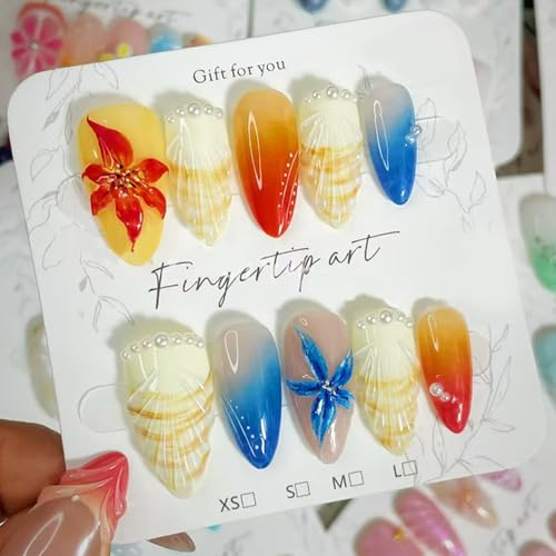 Almond False Nail Tips, Medium Floral Gradient Nail Design, 10-Piece Set | Glossy Finish, Assorted Sizes, Warm And Blue Tones, Raised Shell-Style Details, For Home Manicures And Social Occasions