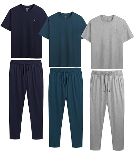 The Essentials Wardrobe 3PK Mens Short Sleeved Long Pyjamas Set - Blue/Grey - Large