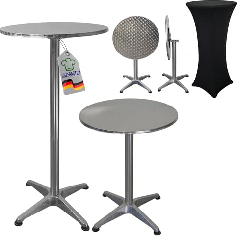CHEFGASTRO Stehtisch höhenverstellbar mit Husse klappbar Rund HxØ 75-115x60cm Bistrotisch In- & Outdoor Aluminium MDF-Platte mit Edelstahlbeschichtung Silber Gastro wetterfest Klapptisch Gartentisch