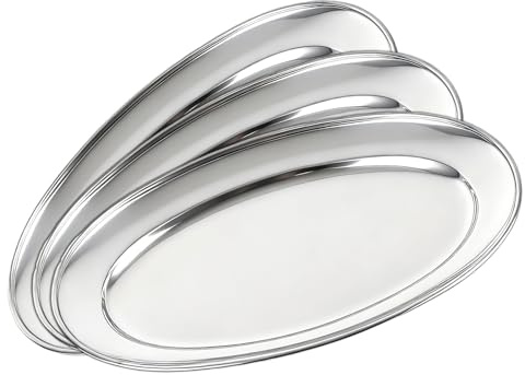 MEIDIV 10 Pack 10in Serving Platters Silver Tray, 25.4x16.5x1.9CM Stainless Steel Oval Plate Serving Dishes, Serving Tray Fish Plate for Dinner Steaming Fish Meat Sushi