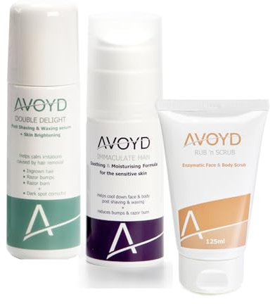 AVOYD Pigmentation Pflegeset Plus Mann – gegen eingewachsene Haare, Rasurbrand, Rasierpickel & Pigmentflecken nach der Haarentfernung. Set Avoyd Double Delight + Immaculate Man + Rub 'n Scrub