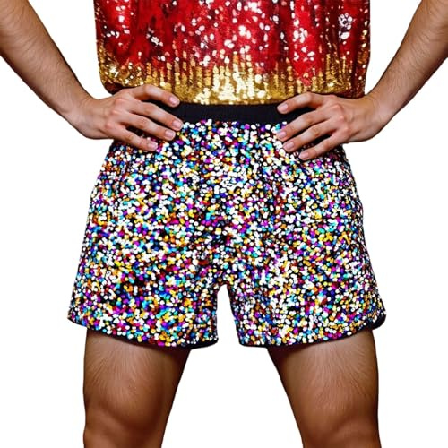 Hanraz Glitzer Shorts Herren Pailletten Kurze Glänzend Hotpants Karneval Gummizug Herrenshorts Silber Party Retroshorts 80er Nachtclub Disco Sporthose