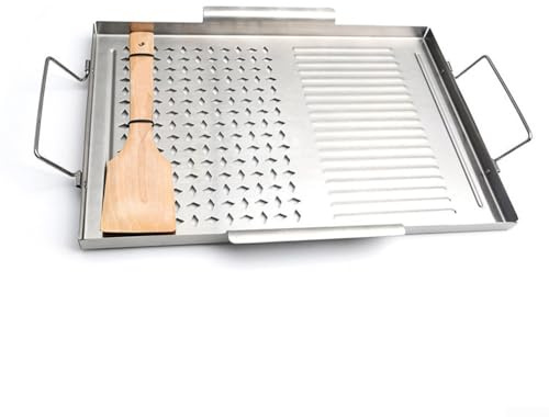 Piastra per barbecue, 43 x 29,2 cm, in acciaio inox, con manici in legno, antiaderente, resistente al calore e facile da pulire, per esterni e interni
