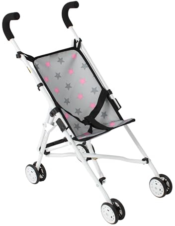 Bayer Chic 2000 Puppenbuggy Roma, Kompakter Puppen-Reisebuggy Sternchen | Leichter & wendiger Puppenbuggy für Puppen bis 50 cm. Sternchen Grau, faltbar, ideal für unterwegs.