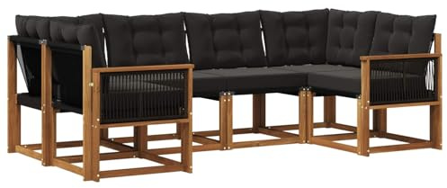 vidaXL Outdoor-Sofagarnitur mit Kissen 6 pcs Natürlich und Schwarz, Sofaset für den Garten, Moderne Kollektion, wetterfest, Bequeme Akazienholz-Sitze, entspannendes Arrangement