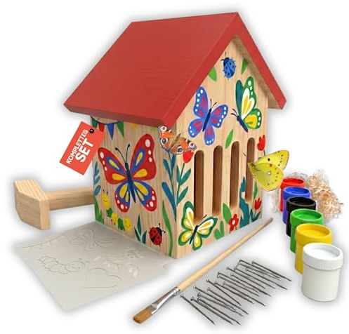 Eli® Schmetterlingshaus Bausatz für Kinder aus Kiefernholz zum Bemalen | inkl 6 Farben - Pinsel - Hammer - Nägel - Schablonen & Vorlagen und Füllmaterial– DIY Schmetterlingshotel für Garten & Balkon