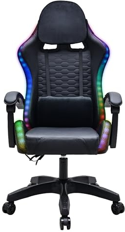 Subsonic - Chaise Gaming LED RGB - Fauteuil Inclinable, Confortable avec Appui-tête et Accoudoirs Intégrés - Fauteuil Gamer à Dossier Ergonomique, Coussin Dorsal, Hauteur Ajustable - Noire