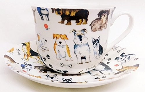 Dogs Breakfast Cup & Saucer Fine Bone China Large Dogs Collage Cup & Saucer Hand Decorated in The U.K.