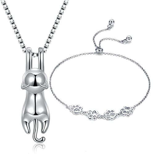 Womens 925 sterling silver 3D cute cat Lover Matte surface/smooth pendant necklace (Bracelet+Necklace Set)