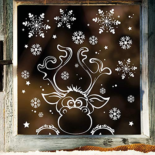 Wandtattoo Loft Fensterbilder Weihnachten mit Elch & Schneeflocken – Wiederverwendbar – 28 x 40 cm Bogen, 17 Sticker – Weihnachstdeko Fenster Kinderzimmer, Weihnachtsbilder Fenster, Fensterbild Winter