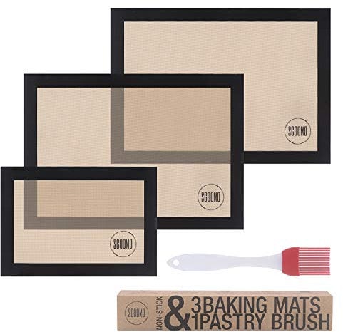 Scoomo Silicone Baking Mat Set of 3 Black | NonStick Washable Reusable Liner Sheets For Amazing Cooking Results Without Oil or Parchment in Oven Tray/Grill + FREE 17cm Pastry Brush | Pro Bakeware