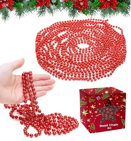 Bead Garland HOV-UK® Luxury Christmas Tree Decoration SNOWFLAKE White,Rose Gold,Pearl (8m Red Bead Chain)