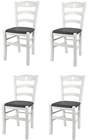 Tommychairs - Set 4 chaises CUORE pour cuisine, bar et salle à manger, robuste structure en bois de hêtre laqué en couleur blanc et assise rembourrée et revêtue en cuir artificiel couleur gris foncé