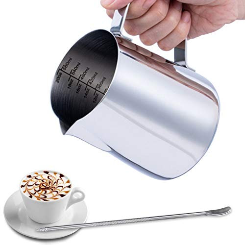 Emsmil 600ml Jarra para Leche Acero Inoxidable Plata Taza de Café para Espumar con Marca de Medición y Lápiz Artístico Jarritas Leche para Barista Cafetera Jarras Decorativas