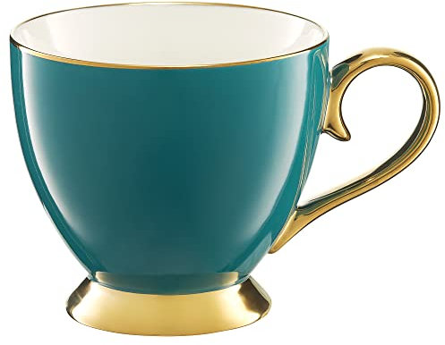 AMBTION Kaffeebecher Porzellan groß 400ml große Tasse auf Füß XXL Tasse Kaffee Tee Latte Macchiato türkis mit Goldrand Royal