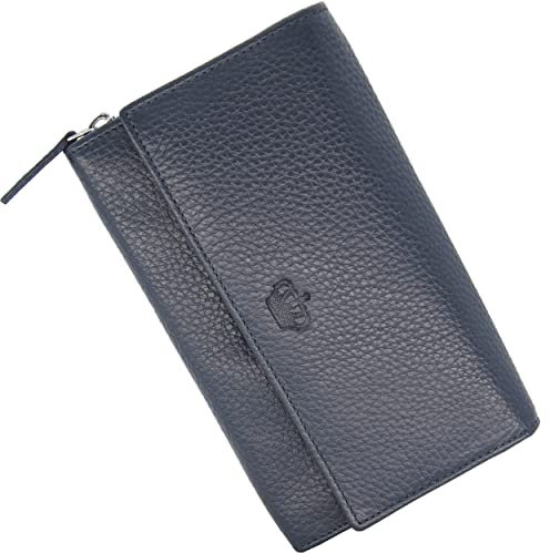 Baur Damen Geldbörse Echt Leder Geldtasche | Geldbeutel mit RFID Schutz |großes Portemonnaie viele Kartenfächer |Wallet mit Druckknopf |Portmonee |Damen-Geldbörsen |Damengeldbörsen (Dunkelblau)