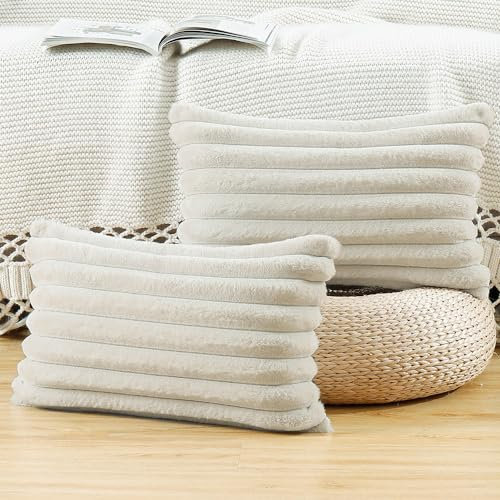 Madizz 2er Set Kunstpelz Plüsch Dekorative Kissenbezüge Flauschig Gestreifte Weich Dekorative Kissenbezug für Sofa Schlafzimmer Kissen Shell Grauweiß 30 x 50 cm