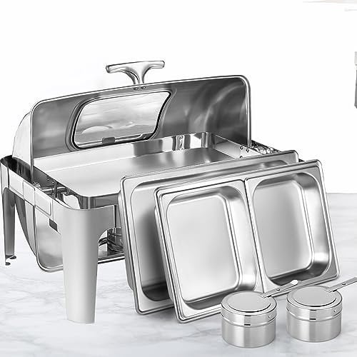 Fashionwu Großes sichtbares Chafing Dishes Buffet-Set, 63 x 45 cm, Edelstahl, Chafing Server Set, 9 Quart Roll-Top, Chafing Dish Outdoor Food Service Buffet Set für Hochzeitsfeiern Bankett