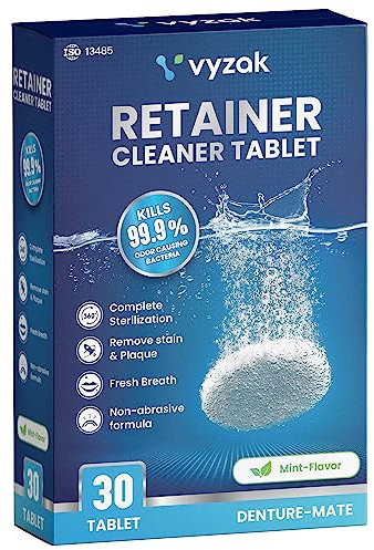 Vyzak Retainer Cleaning Tablets (Pack of 30) - Fast Acting Mint Tooth Cleaning Tablets for Retainer, Mouthguard, Night Protection, Snoring Protection, Sports Equipment and TMJ Devices - Removed