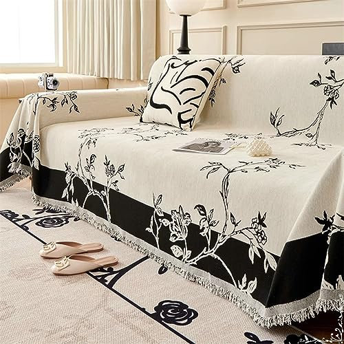 Gualiy Couch Überzug 180x300cm, Blumen Zweige Bezug Sofa 3 Sitzer Antirutsch Sofa Überwürfe Schwarz Couchbezug für Wohnlandschaft
