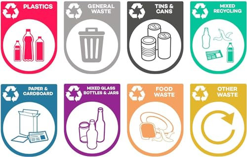 K Smart Sign | Mixed Set of Recycling Bin Sticker Labels/Stickers Pack - Self Adhesive Vinyl - Fully Waterproof - Pack of 8 Stickers