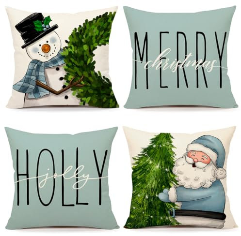 4TH Emotion Blaue Weihnachts-Kissenbezüge, 40,6 x 40,6 cm, 4 Stück, Bauernhaus, Weihnachtsdekoration, Schneemann, Kranz, Weihnachtsmann, Baum, Stechpalme, Jolly Winter, Urlaub, Dekoration,