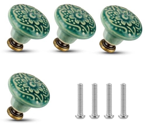 ASTER 4 Pcs Vintage Flower Cabinet Knobs, Decorative Furniture Knobs with Mounting Screws for Cupboard Drawer Closet Door, Diameter 1.4 inch (Green)