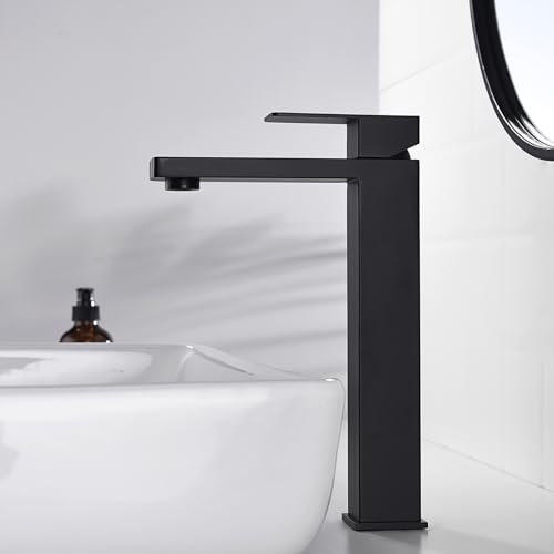 Decaura Waschtischarmatur Schwarz Hoch Waschbeckenarmatur Wasserhahn Bad Eckig Armatur Badezimmer für Aufsatzwaschbecken/Waschschale ohne Hahnloch