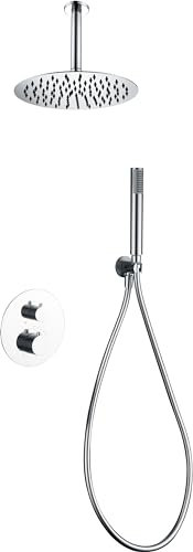 IMEX - Conjunto de ducha termostático empotrado con rociador a techo - Griferia de ducha con control temperatura - Duchas de baño con 2 vias Color Cromo - GTP059