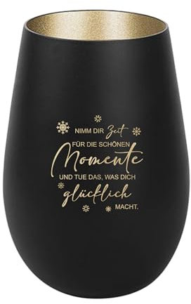 Der-Porzellan-Laden Windlicht mit Gravur Nimm dir Zeit für die schönen Momente, Schwarz Gold, Teelichthalter aus Glas mit Spruch, Tischdeko modern