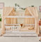 ALAVYA HOME® Hausbett KOMPLETT Set mit Musselin DEKO I Kinderbett 90x200 cm mit Schubladen inkl. 100% Bio-Musselin, Baumwolle Deko und Matratze I Massivholzbett mit Rausfallschutz und Lattenrost