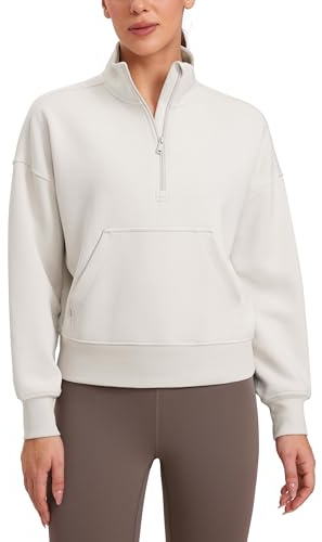 CRZ YOGA SoftAura Half Zip Sweatshirts | Peach-Fuzz Texture, Casual, Relaxed Fit, Pullover, Kangaroo Pockets, Funnel Neck, Sweat Shirts for Women