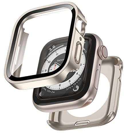 Kawoco 2 in 1 Wasserdichtes Hülle für Apple Watch Series 6/5/4/SE/SE2 44mm mit Eingebaut Kratzfest Gehärtetes Glas Schutzfolie, HD Hochempfindliche Schutzhülle für iwatch 44mm, Sternenlicht