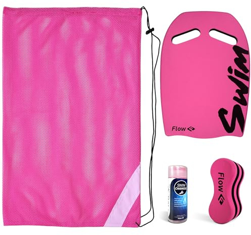 Flow Swim Gear Junior Bundle – Netz-Schwimmtasche, Schwimmleder, Kickboard und Jr. Bojen-Set (Rosa/Pink)