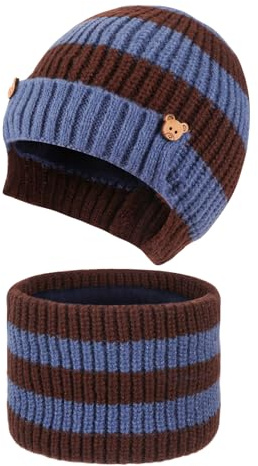 Jupsk Conjunto Gorros Bufanda de Invierno para Niño, Beanie Braga Cuello Gorra a Rayas con Forro Polar para Niños de 4 a 10 Años