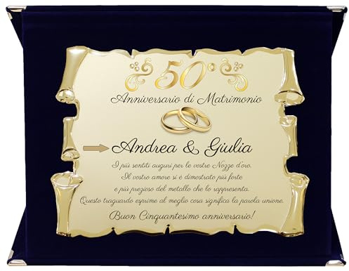Targa 50° Anniversario di Matrimonio CON NOMI personalizzati | Regalo Anniversario Nozze d'Oro personalizzato | Pergamena Dorata su Cofanetto in Velluto