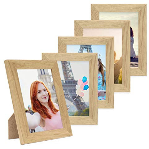 PHOTOLINI Bilderrahmen 10x15 cm Eiche Massivholz, breite Rahmen, 5er Set, modern, bruchsicheres Acrylglas, zum Aufhängen & Aufstellen, extra Zubehör - für Ihre stilvolle Wanddekoration
