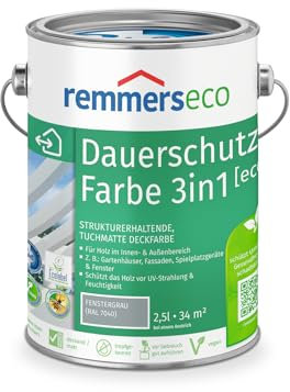 Remmers Dauerschutz-Farbe 3in1 [eco] fenstergrau (RAL 7040), 2,5 Liter,für innen und außen, 3in1: Isoliergrund, Zwischen- und Schlussbeschichtung