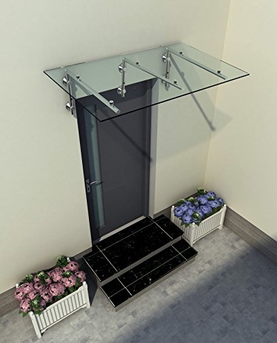 230 x 90 cm (3 Haltestangen) Glasvordach Vordach Türvordach Türdach Haustür Klarglas Glas Edelstahl VSG