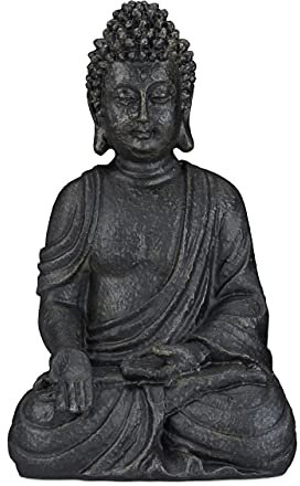 Relaxdays Statue de Buddha Figurine de Bouddha décoration Jardin Sculpture céramique Zen 40 cm, Gris foncé, grisfoncé