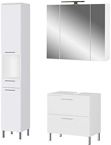 Germania 3-TLG. Badezimmer-Set 8272-84 GW-Arvada, bestehend aus Waschbeckenunterschrank, Spiegelschrank und Hochschrank, in der Farbe Weiß